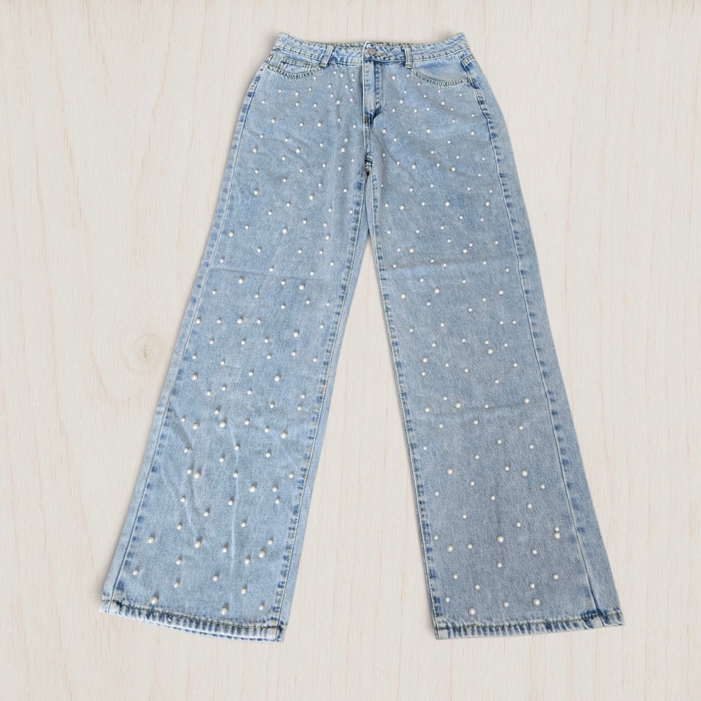 Women Light Wash Faux Pearl Embellished Wide Leg High Rise Denim Jeans Medium